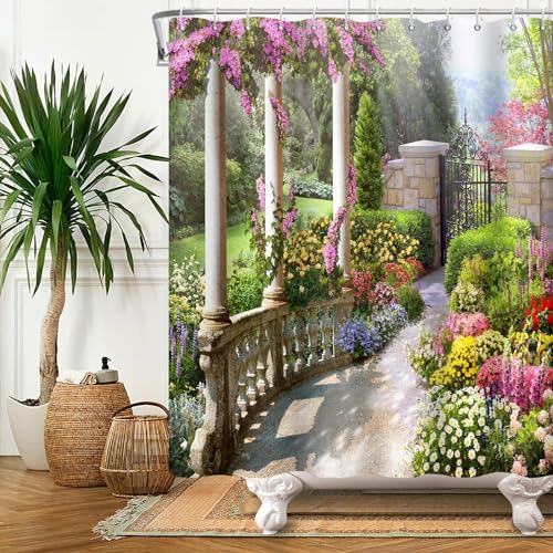 Cortina de Ducha 120 x 200 cm Jardín Cortina Ducha Antimoho Italia Cortinas Baño Tela Impermeable Poliester Secado Rápido Lavable con 8 Ganchos Y801