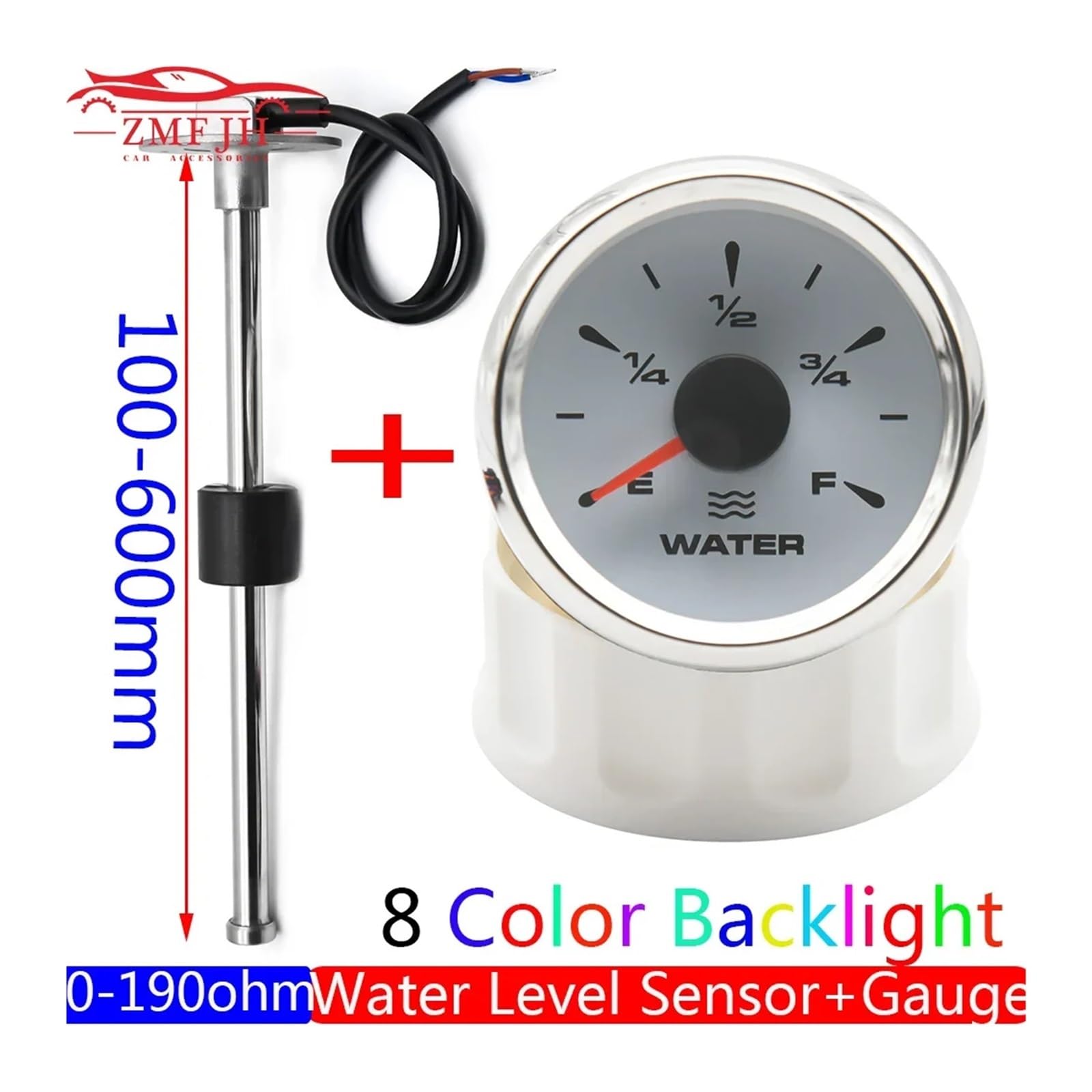 Sensore di Livello dell'Acqua da 0~190 Ohm + indicatore di Livello dell'Acqua con retroilluminazione a 8 Colori Indicatore del Livello del Serbatoio dell'Acqua 12V 24V(375mm)