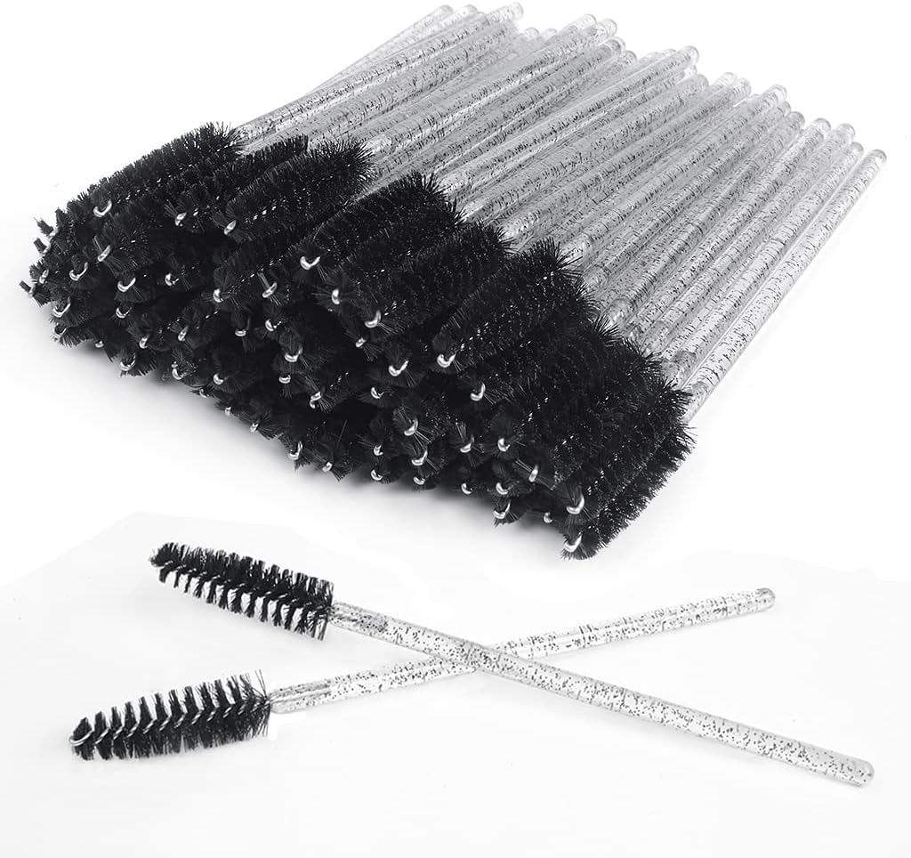 McMola 60 PCS Disposable Eyelash Brushes, Eyebrow Spoolies, Mascara Wands Applicator Lash Brushes Castor Oil Brush Cosmetic Makeup Tools(Crystal-black)