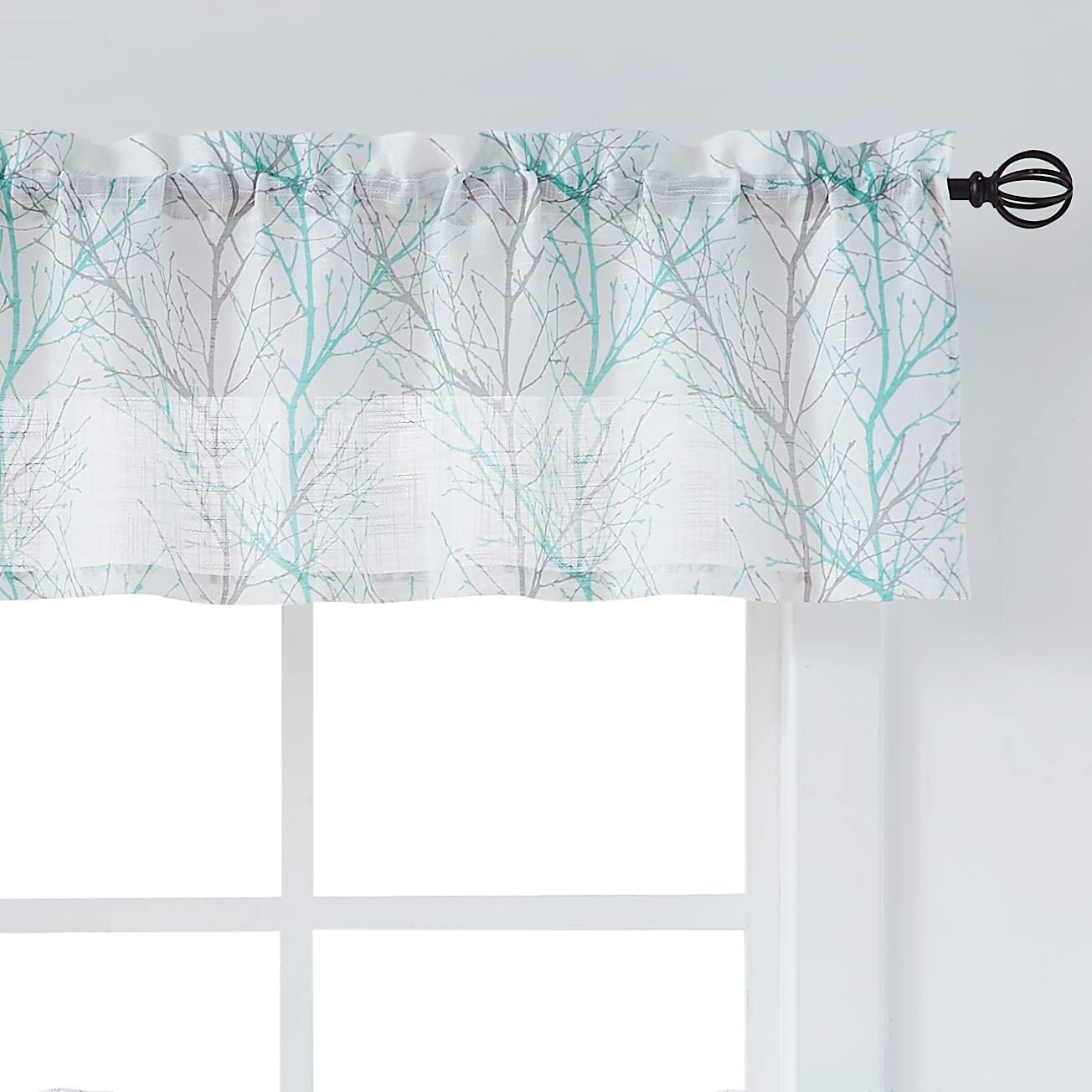 FMFUNCTEX Aqua-Grey Tree Branch Print Kitchen Curtain Sets - Valance Curtain 50"x15" 1 Panel and Tier Curtains 22"x24" 2 Panels