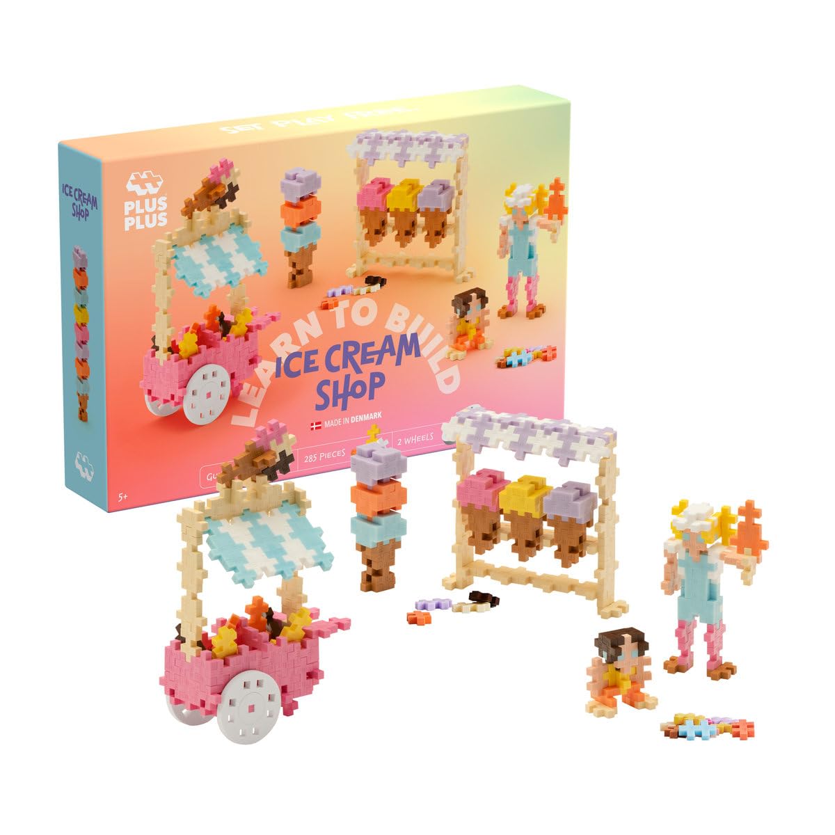 PLUS PLUS Building Blocks Toy, Learn to Build Ice Cream Toy, Includes 275 Pcs Pastel, 2 Wheels and Guidebook