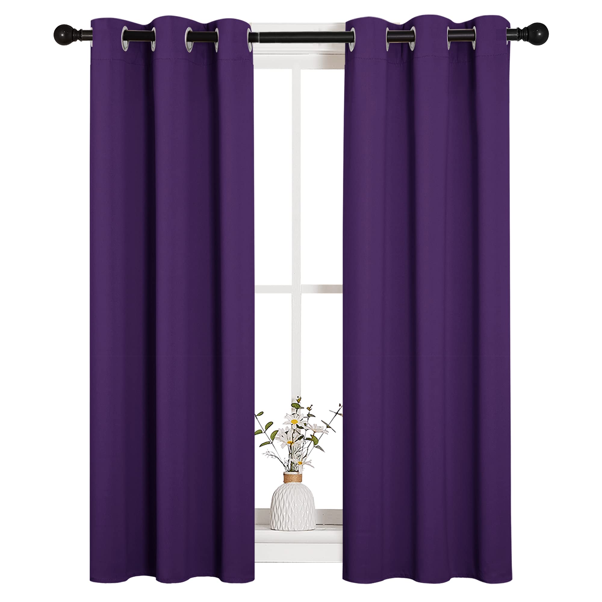 NICETOWN Thermal Insulated Blackout Draperies Curtains, Triple Weave Home Decoration Solid Ring Top Blackout Drape Panels for Bedroom (Set of 2, 29 x 45 Inch, Royal Purple)