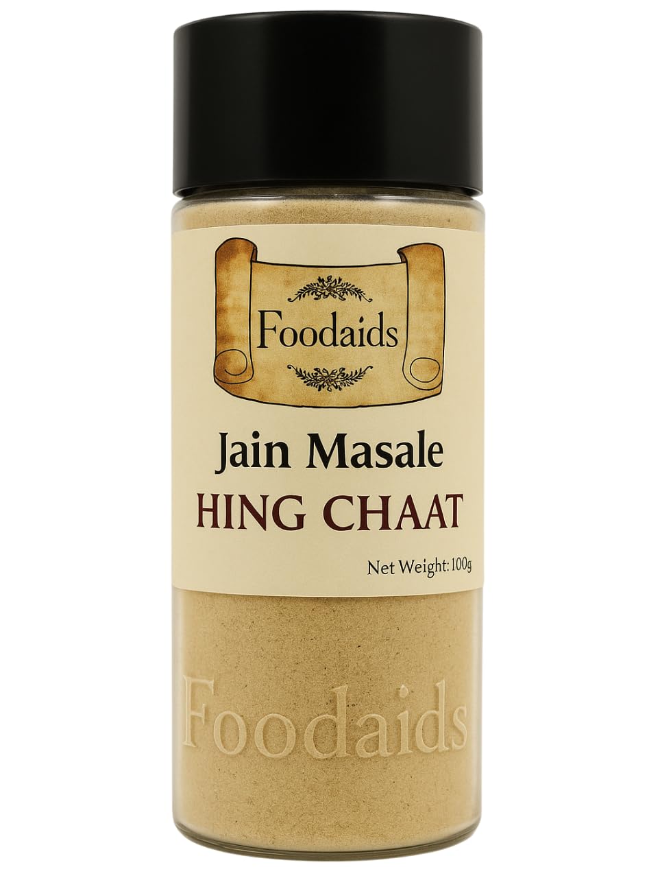 Foodaids Hing Jain Chaat masala powder (100gm). Taste with digestion/Fruits/Pokadas/Snacks .No onion No garlic.