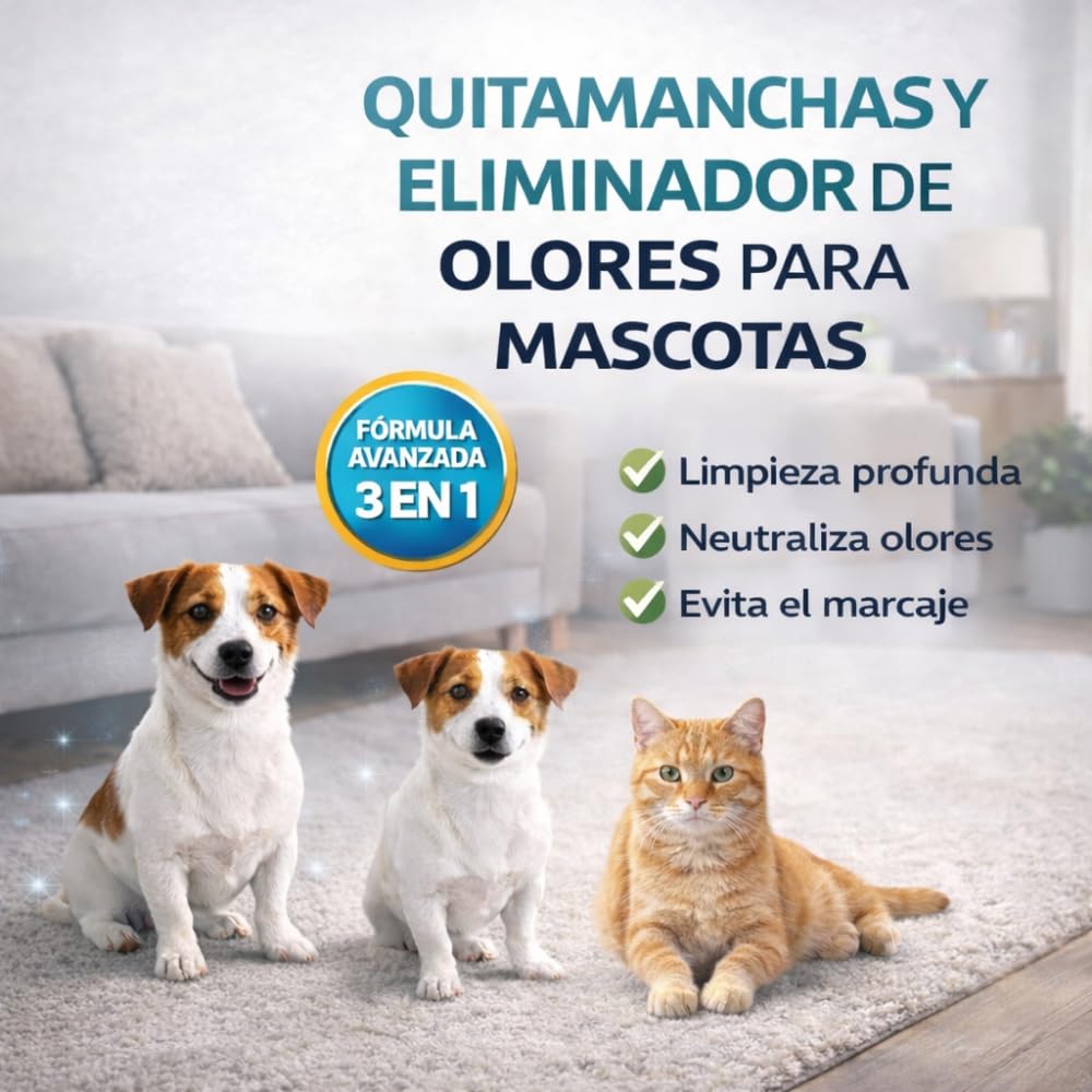 Limpiador de Manchas y Olores para Mascotas | Elimina Orina, Heces, Comida y Huellas | Evita Marcaje Repetido | Para Suelos, Alfombras y Tapicerías | Varios formatos (5 Litros)