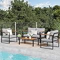 Amopatio 4 Pieces Patio Furniture Set, Metal Patio Conversation Set, Outdoor Furniture Set with Thicken Cushion and Plastic-Wood Coffee Table (Light Grey)