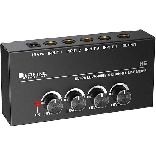 FIFINE Ultra Low-Noise 4-Channel Line Mixer for Sub-Mixing,4 Stereo Channel Mini Audio Mixer with AC adapter.Ideal for Small Club or Bar. As Microphones,Guitars,Bass,Keyboards or Stage Sub Mixer.(N5)