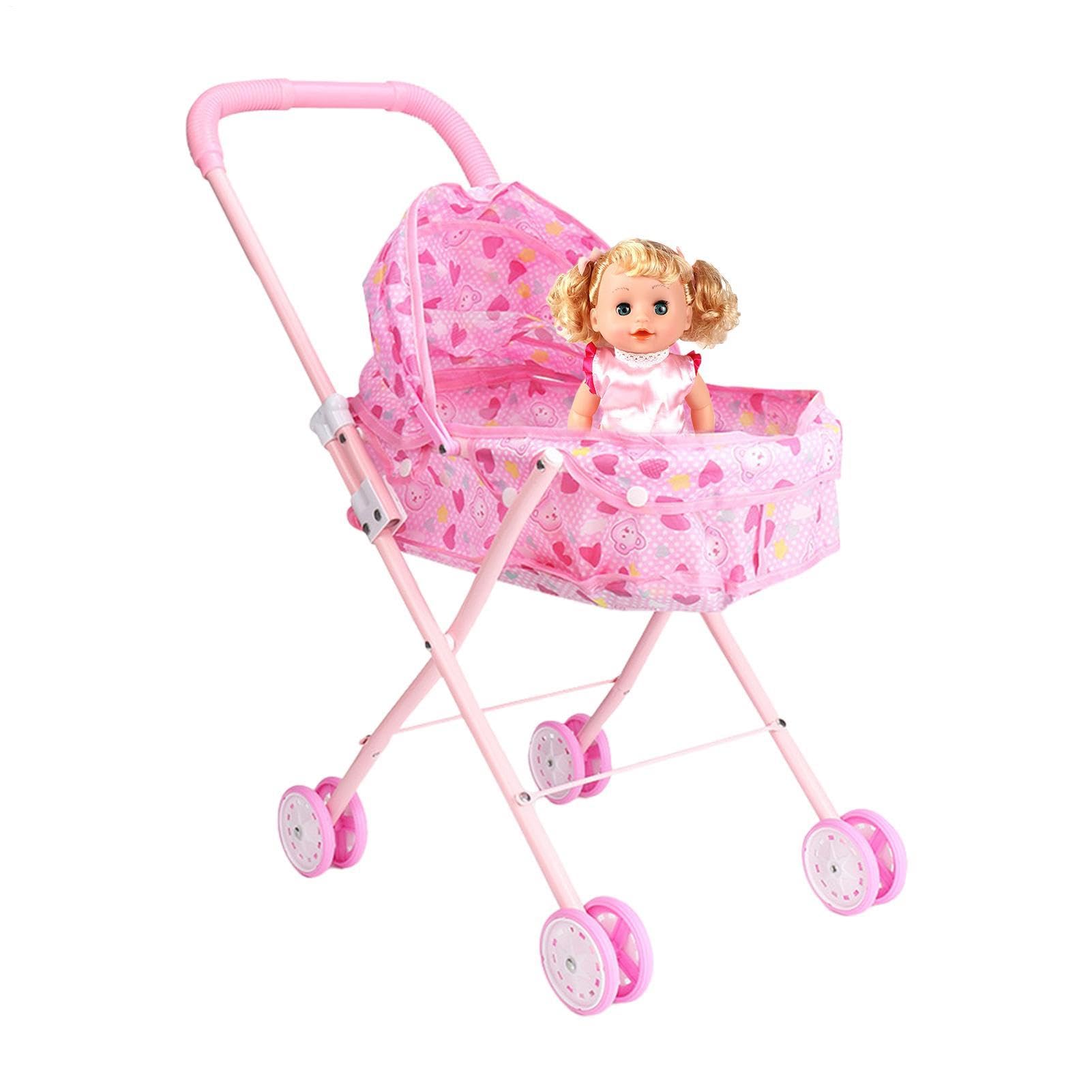 Babypuppenwagen, Puppenbuggy für Kinder, Puppenbuggy, Faltbarer und Leichter Puppenbuggy mit Korb, Puppenbuggy für Rollenspiele