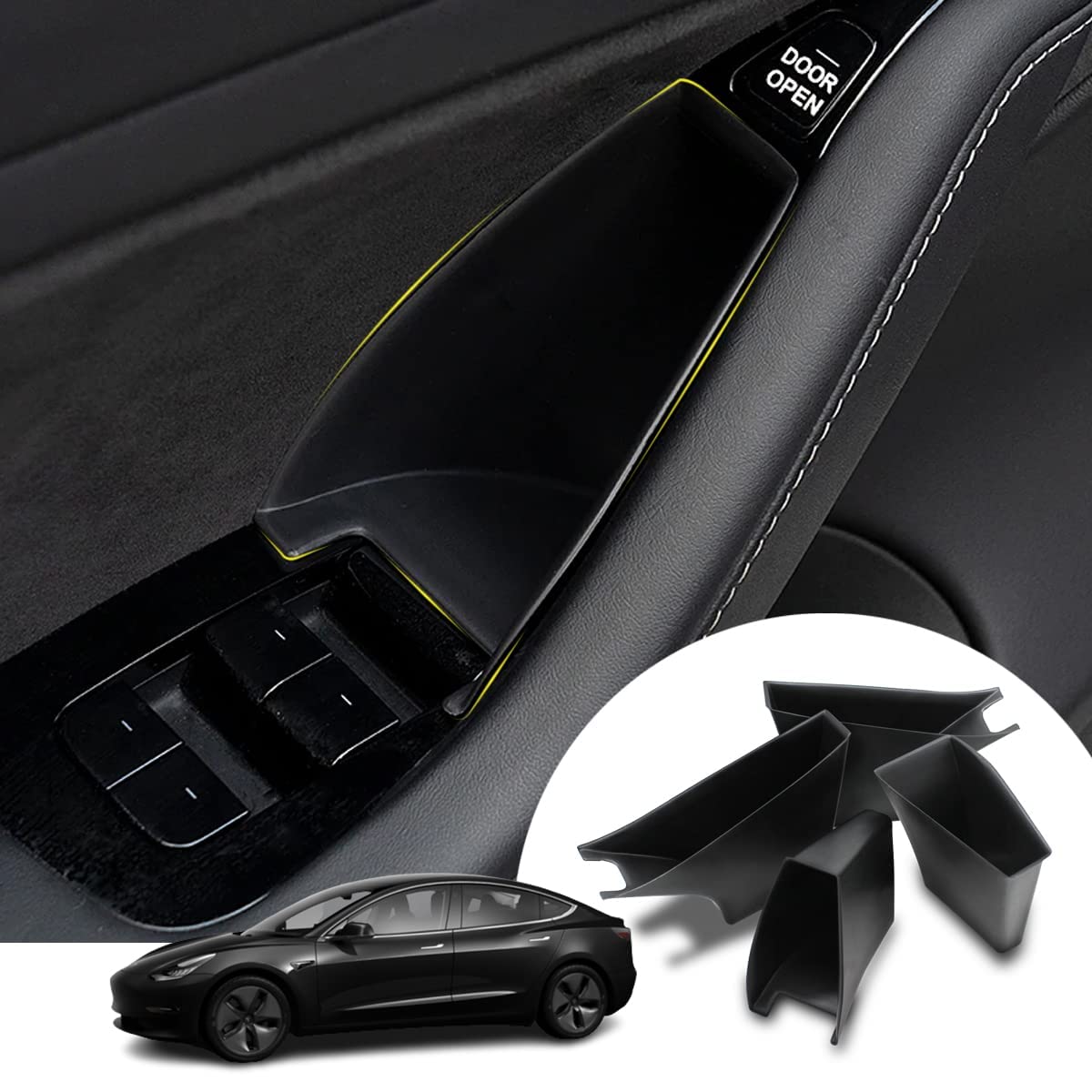 MAKINGTEC for Tesla Door Side Handle Storage Box Car Door Handle Pocket Armrest ABS Tray Organizer Insert for Tesla Model 3 Model Y accessories 2016-2022 (4PCS Combined)