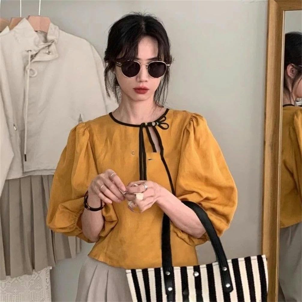 Summer Chinese Retro Style Tang Suit top Style Bubble Sleeve top Hollow Out Button Tassel Lady Blouse