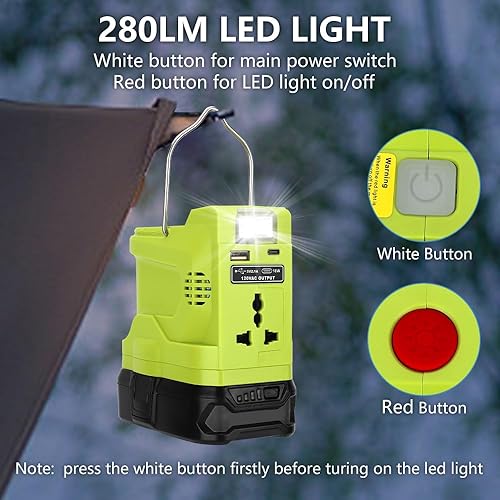 Miniatura 3 de Generador inversor alimentado de 200 W compatible con batería Ryobi de 18 V, fuente de alimentación portátil con luz de 280 LM, puerto USB, puerto