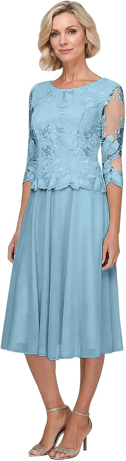 RYANTH Lace Mother of The Bride Dresses for Women Tea Length Scoop Neck Formal Dress A Line Evening Gowns with 3/4 Sleeve