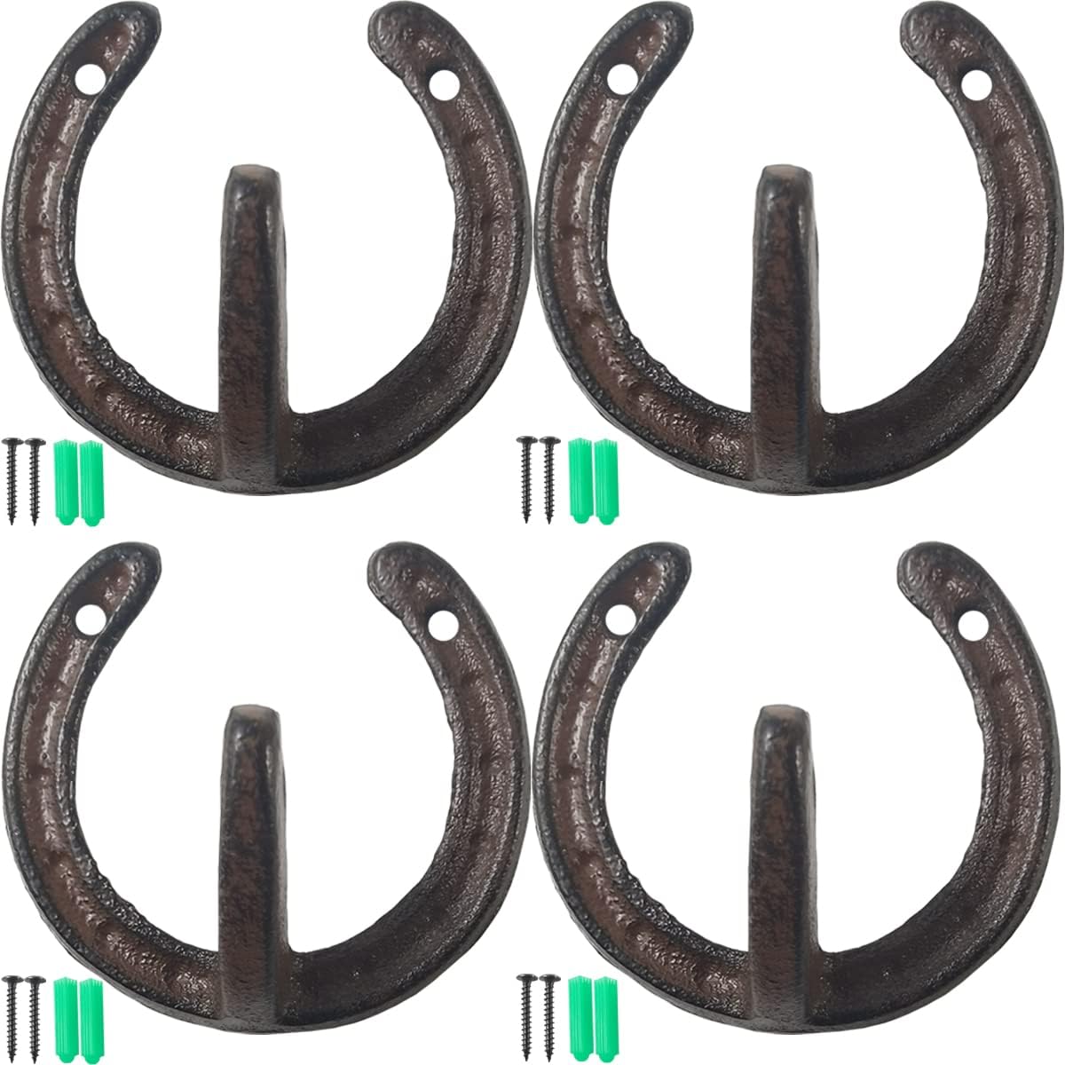 NSBELL 4PCS Cast Iron Horseshoe Shaped Wall Hooks - Vintage Coat Hat Horse Hanger - Farmhouse Decorative Hooks for Hanging Robe Towels Coats Bags
