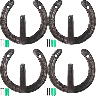 NSBELL 4PCS Cast Iron Horseshoe Shaped Wall Hooks - Vintage Coat Hat Horse Hanger - Farmhouse Decorative Hooks for Hanging Robe Towels Coats Bags