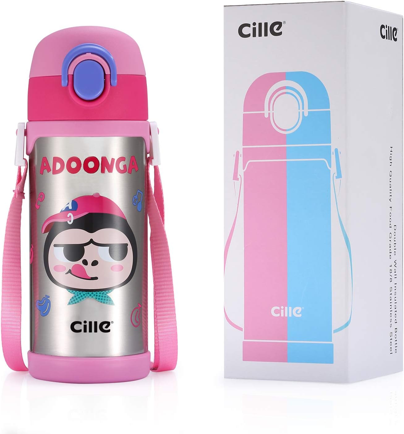 Cille 16 oz Kids Vacuum Insulated Water Bottles with Straw and Shoulder Strap, Girls & Boys Gifts, Leak Proof Stainless Steel Metal Double Walled Water Bottle for Toddler
