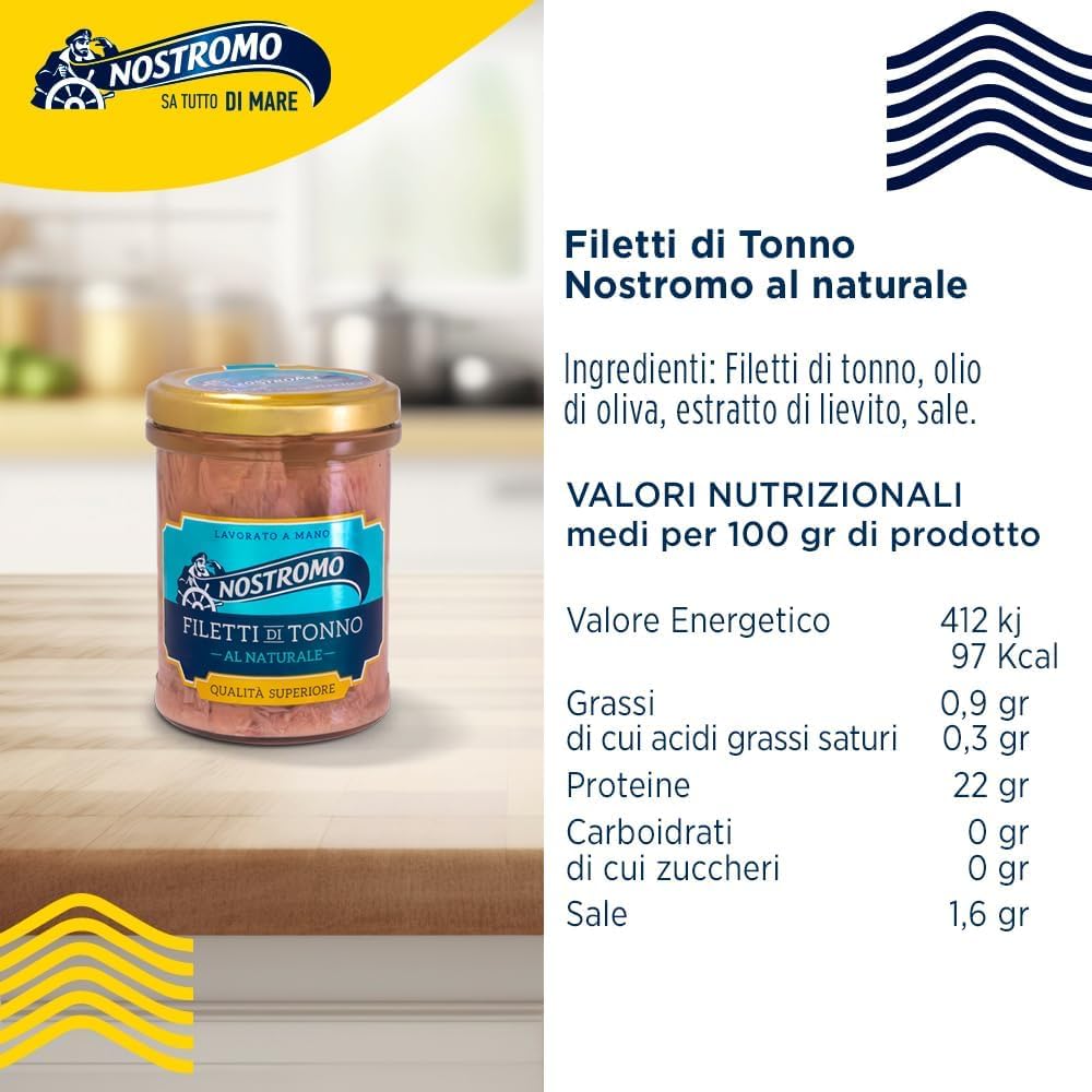 Nostromo - Filets de thon naturels - 6 bocaux de 180 g - Qualité supérieure - Fabriqué à la main - Source d'Omega 3 + Italian Gourmet polpa - 400 g