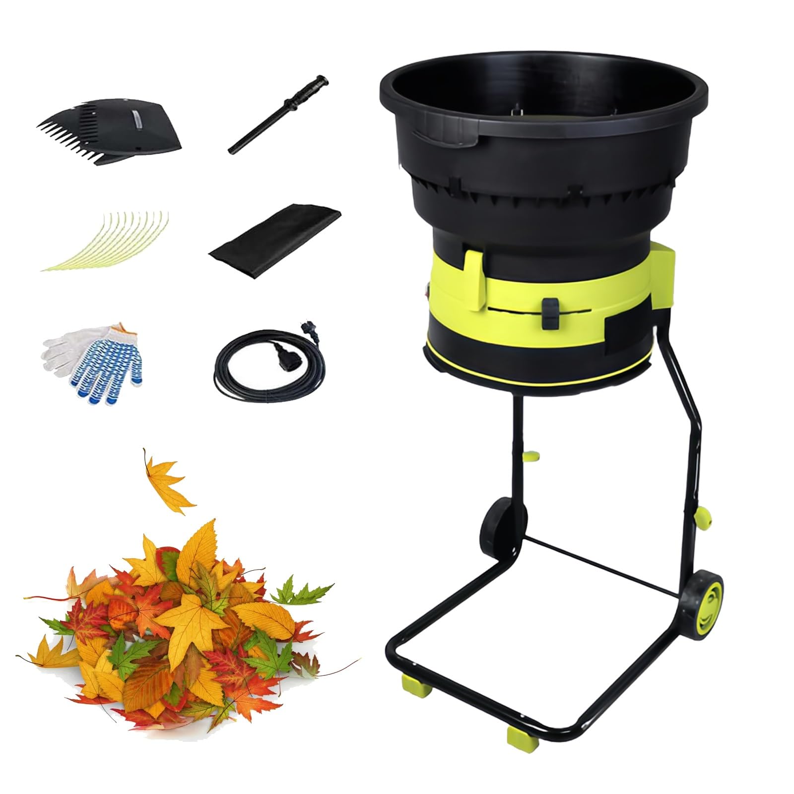 Trituradora eléctrica de hojas, trituradora de jardín sin aspas de 2500 W con tolva extraíble, trituradora de compostaje con ruedas y bolsa de almacenamiento para limpieza de patio