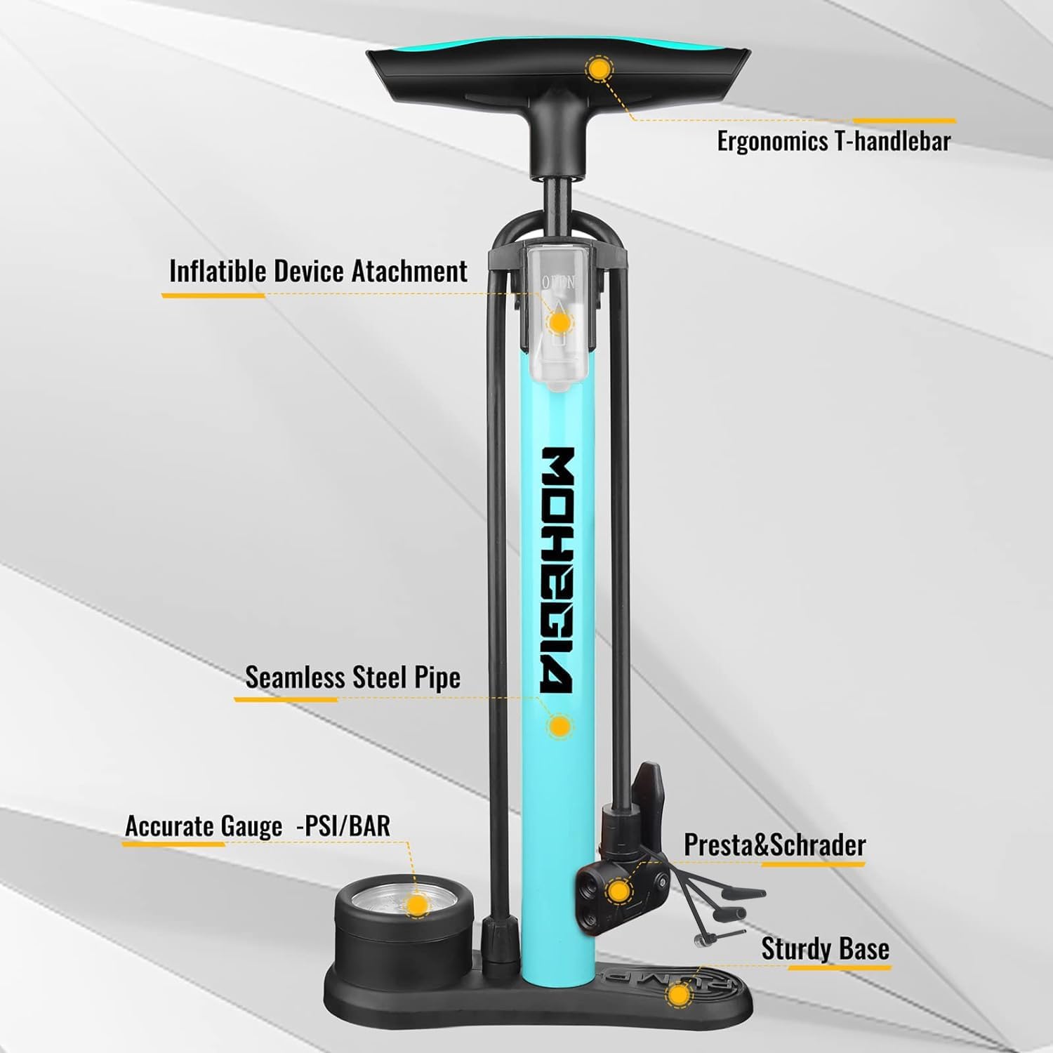 MOHEGIA Bike Floor Pump with Gauge: Air Bicycle Pump with High Pressure 160 PSI,Fits Schrader and Presta Valve -Inflator with Ball Pump Needles for MTB Road Bike, Ball, Balloon, Inflatables