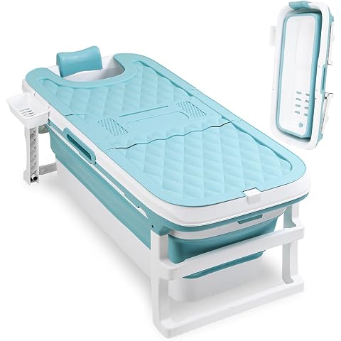 Foldable Bathtub 118 x 60 x 50 cm Bathtub Bath for Shower with Lid and Storage Basket with Drain Pipe Suitable for Bathrooms and Shower Cubicles - Blue