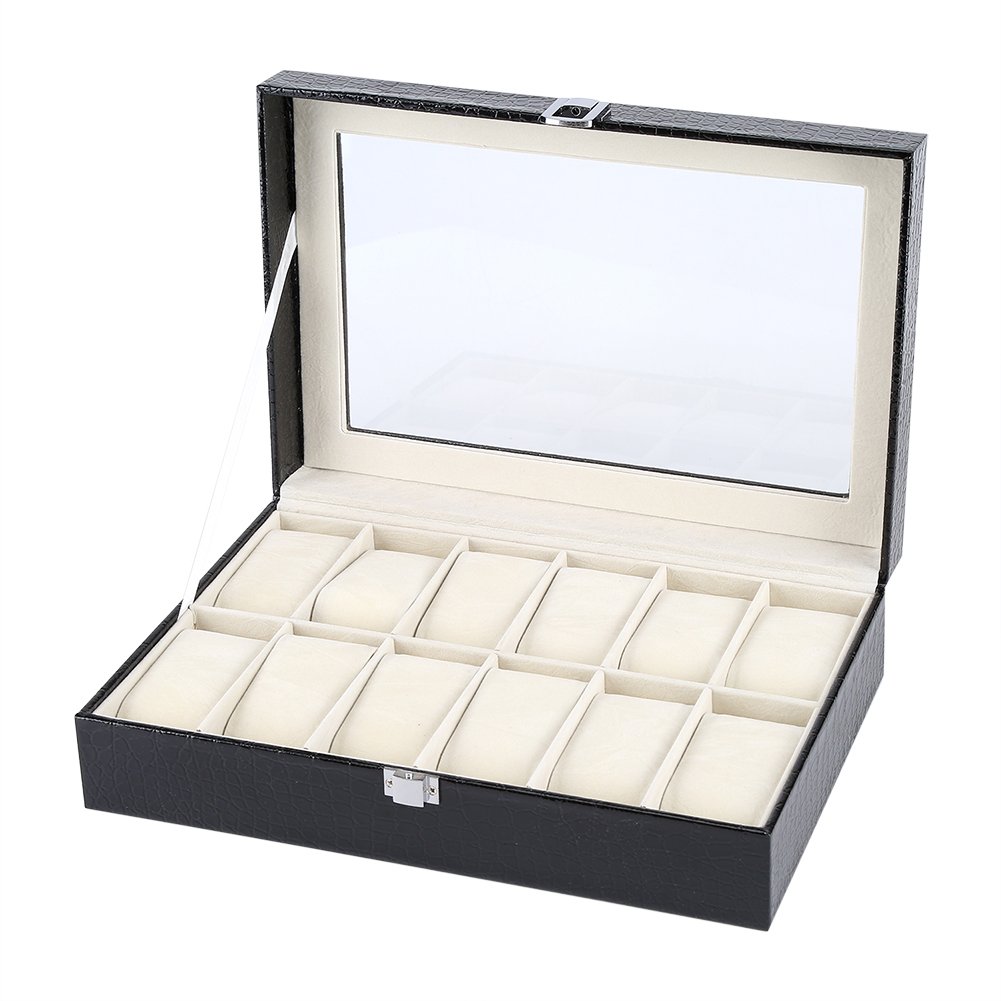 Boîte de Montres en PU avec 12 Coussins Amovibles et Couvercle en