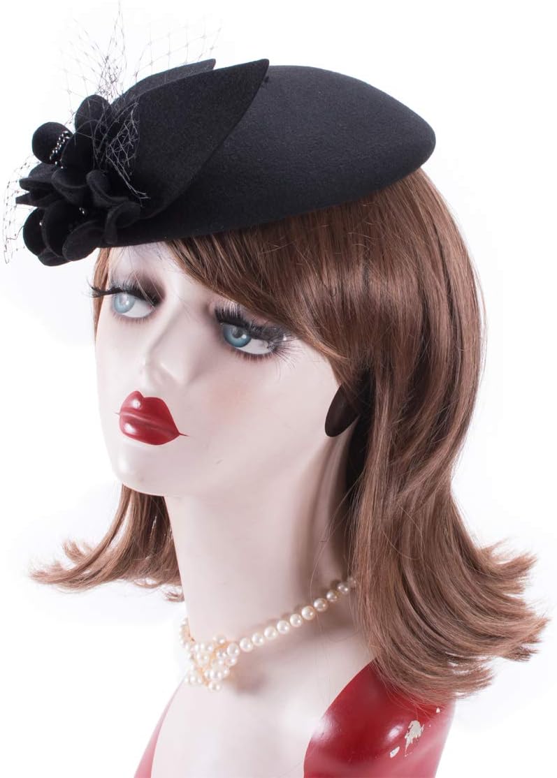 Lawliet Womens Socialite Flower Black Pearl Wool Felt Fascinator Pillbox Tilt Hat A044