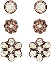 NIVEK Set of 3 White Turquoise Stud Earrings - Western Boho Flower Natural Stone, Antique Copper Finish Bohemian Southwestern