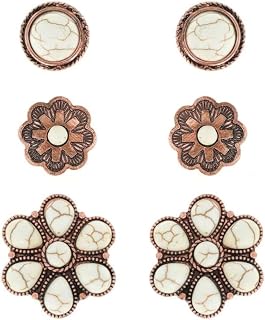 NIVEK Set of 3 White Turquoise Stud Earrings - Western Boho Flower Natural Stone, Antique Copper Finish Bohemian Southwestern