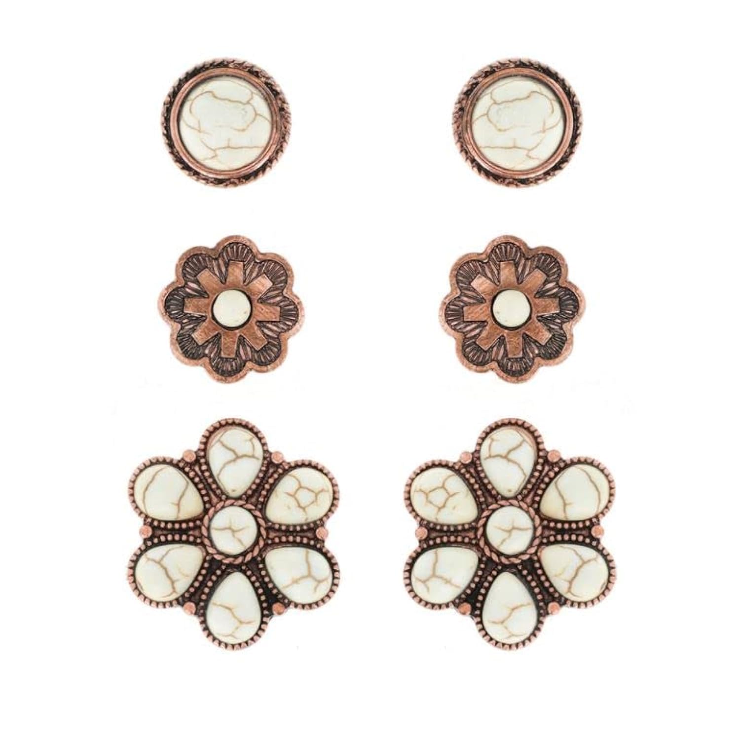 NIVEK Set of 3 White Turquoise Color Stud Earrings Copper Antique Finish Western Boho Flower Round Bohemian Southwestern