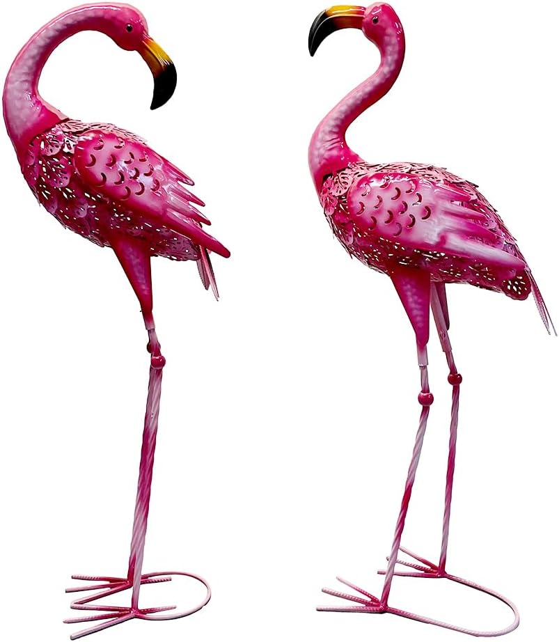 2 Pack Pink Flamingo Metal Garden Statues Outdoor Art, Tropical Yard Decor Lawn Decorations for Backyard Patio, Animal Bird Ornaments Gifts for Women Mom