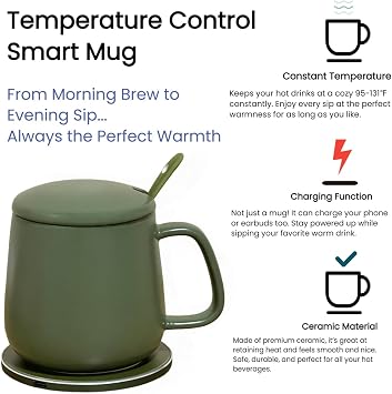 Smart Temperature Control Mug, 13 Oz Premium Ceramic Coffee Cup with 15W Wireless Charger, Charges Phones, Olive Green