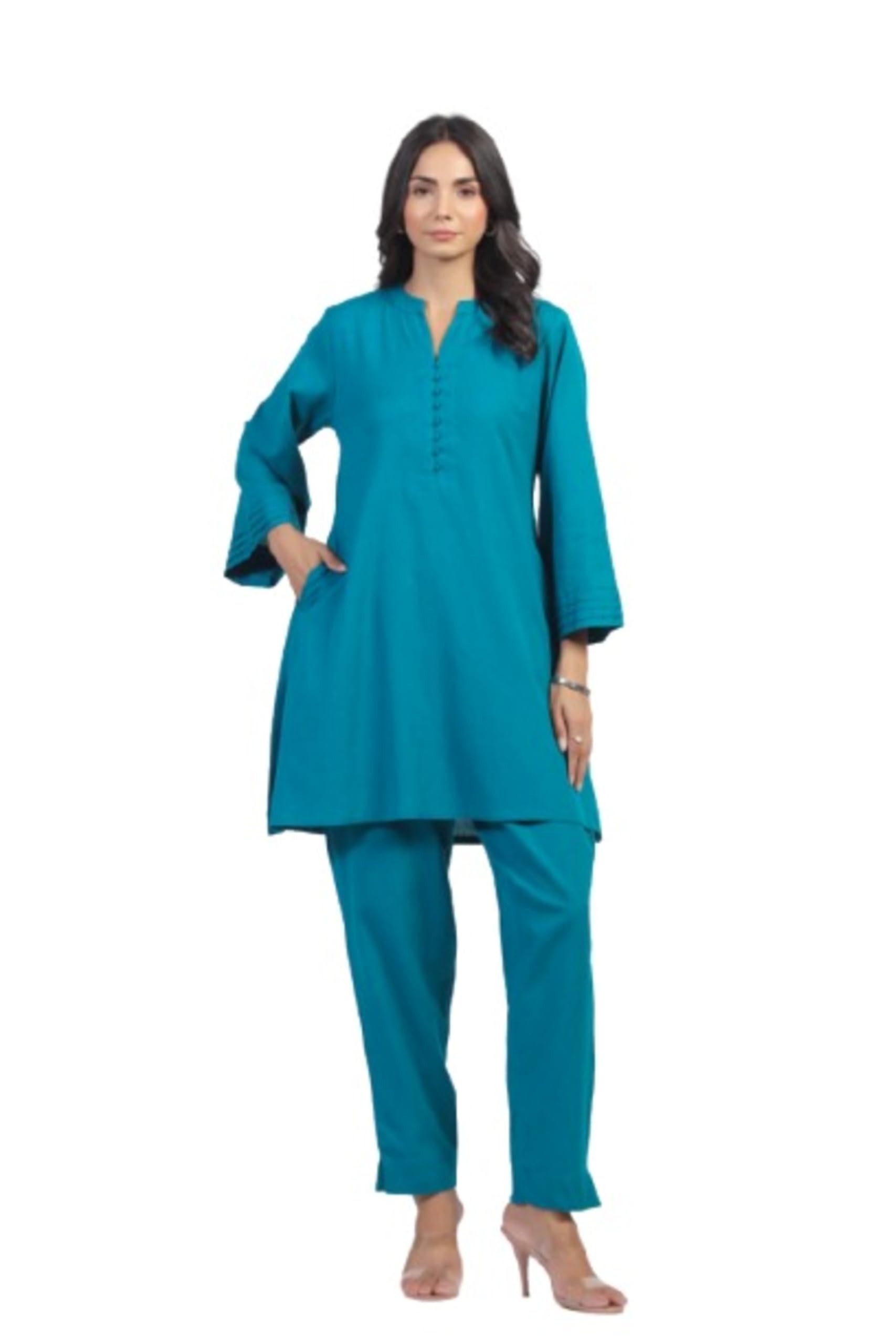Blue Solid Cotton Flex Co-ord Set for Women-image-4