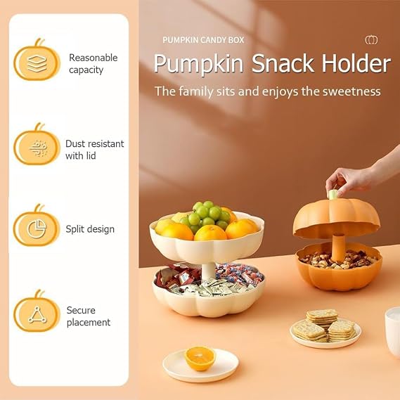 Pumpkin Snack Tray, Perfect Pumpkin Snack Bowl, Pumpkin Snack Holder Double Layer With 3 Divided Compartments And Toothpick Storage, For Halloween Movie Nights (9.9 * 9.9 * 6.3 in-Orange)