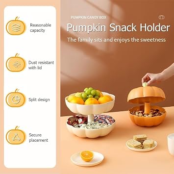 Pumpkin Snack Tray, Perfect Pumpkin Snack Bowl, Pumpkin Snack Holder Double Layer With 3 Divided Compartments And Toothpick Storage, For Halloween Movie Nights (9.9 * 9.9 * 6.3 in-Orange)