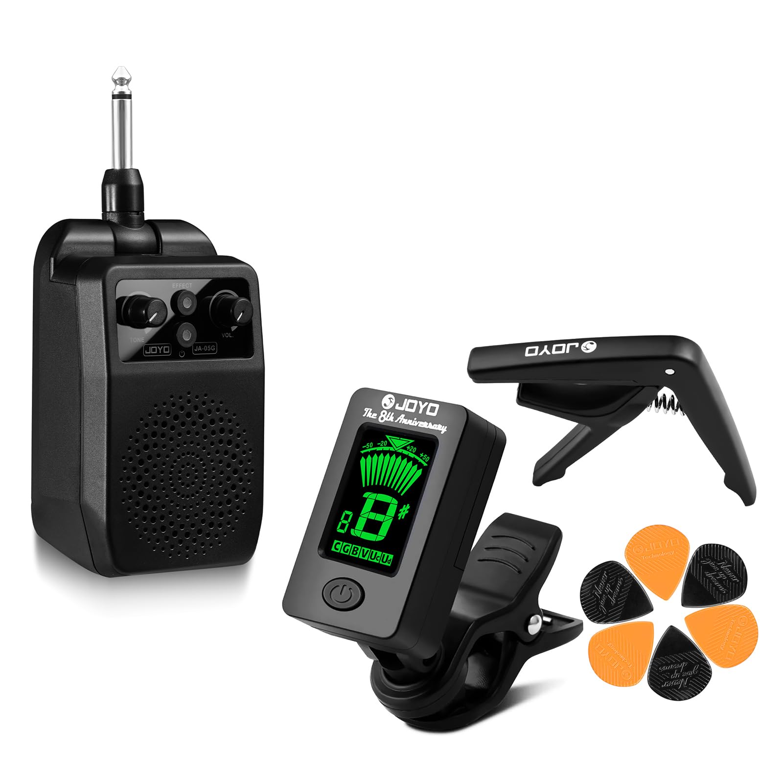 JOYOJA-05G Mini Bluetooth Electric Guitar Amp 5W Practice Amp Plug and Play Bundle with JT-01 Guitar Tuner Capo & Picks Kit