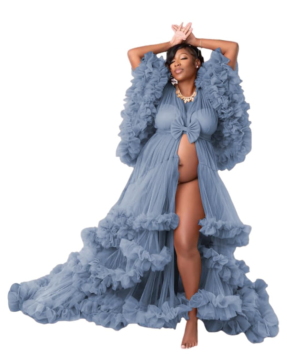 AHERKLL Long Sleeve Maternity Dress for Photoshoot Tulle Robes Bridal Lingerie Bathgown Illusion Baby Shower Dress AH145 Dusty Blue UK28