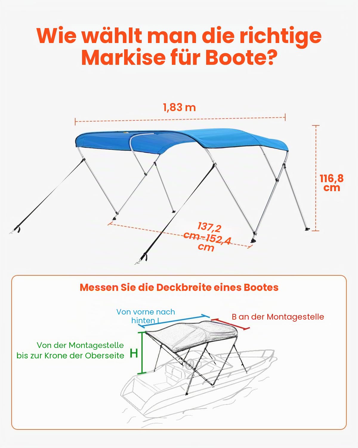 VEVOR Bimini Top Bootsabdeckung Sonnenverdeck (3 Bögen) aus 600D Polyester mit Rahmen aus Aluminiumlegierung, wasserdichte Sonnenschutz-Bootsmarkise mit Aufbewahrungstasche, 137-152 cm (B) Blau