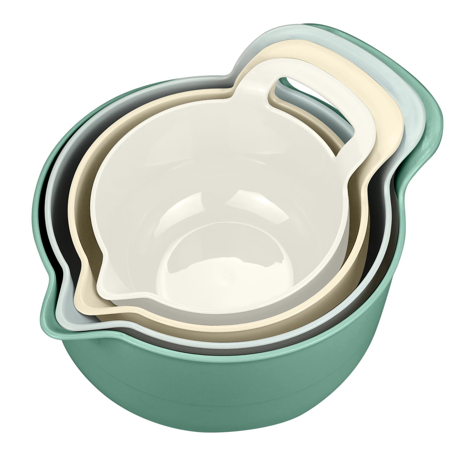 JTOOYS 4 Pack Nesting Mixing Bowls Set - with Handle & Easy Pour Spout & Non-Slip Base BPA Free PP Plastic Large Nesting Salad Bowls Set for Kitchen Storage Dishwasher Safe (Green)