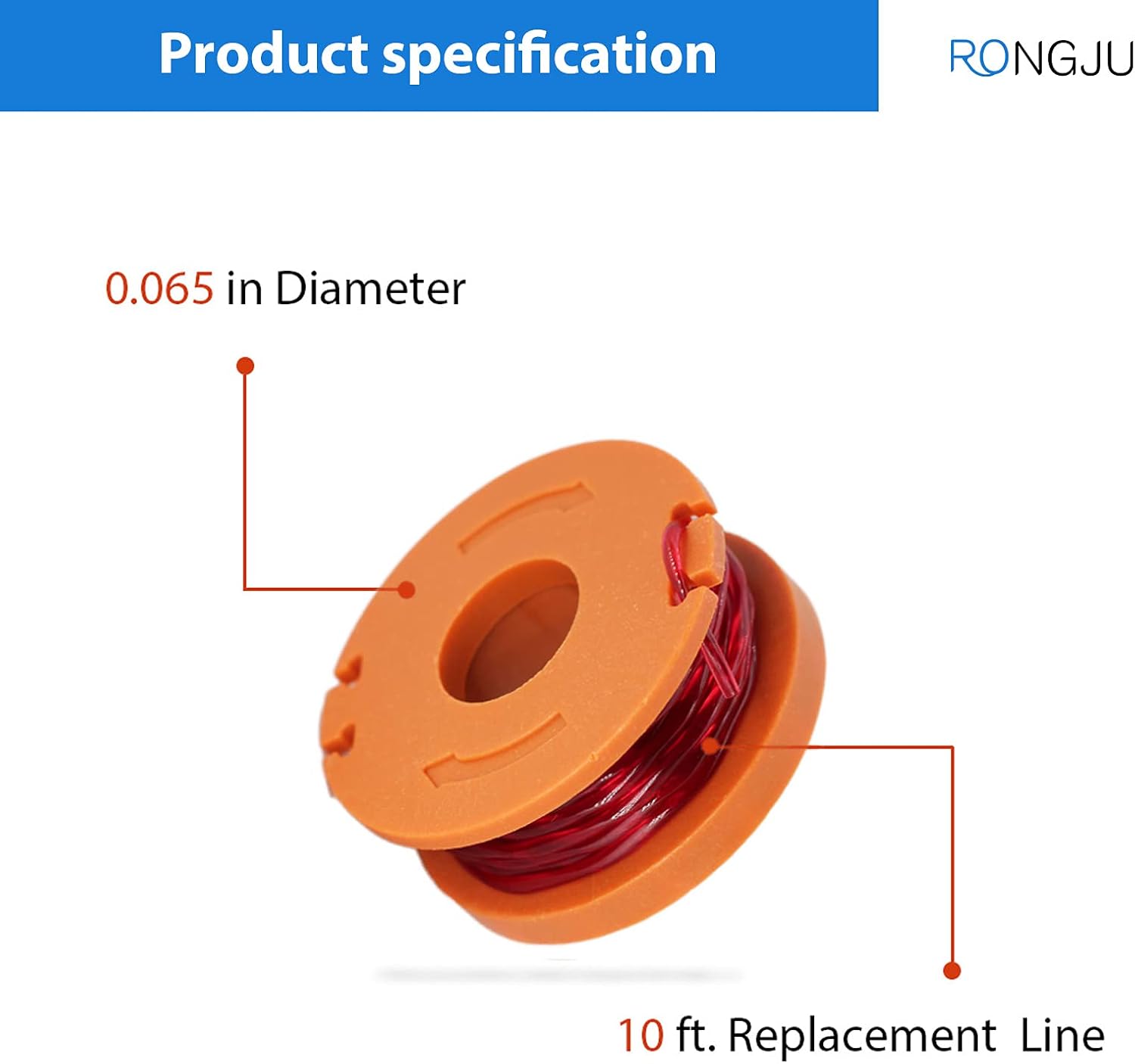 RONGJU 12-Pack Replacement Trimmer Spool Line for Worx WA0010 WG180 WG163 WG175 Electric Trimmer/Edger Weed Eater Line 10ft 0.065 ”+ 2 Pack Spool Cap Covers (12 Spools, 2 Caps)