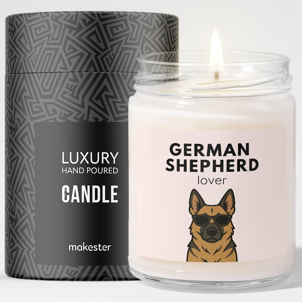 German Shepherd Gifts - Luxury Soy Wax Candle - Vanilla, Jasmine, Sugared Almond - Dogs in Shades - Makester