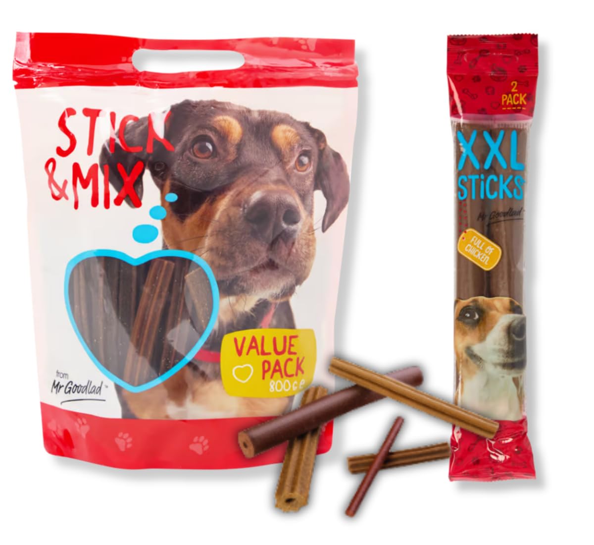 Mr Goodlad Pack Récompenses pour chien – Stick & Mix 800 g + 2 × XXL Poulet | Snack mixte et barres géantes au poulet | Entraînement, mastication et récompense quotidienne
