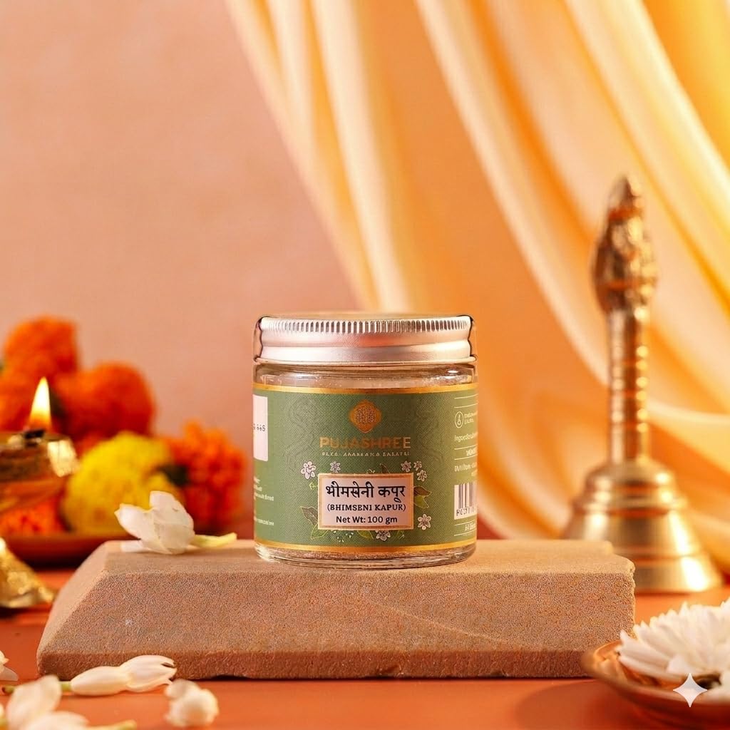 Pujashree Pure Bhimseni Camphor Original | 50 Grams Glass Jar | Hawan Samagari Pacha Karpooram Kapur | Use with Camphor Diffuser | Long-Lasting Natural Fragrance | Kapoor for Puja, Arti, Meditation-image-30