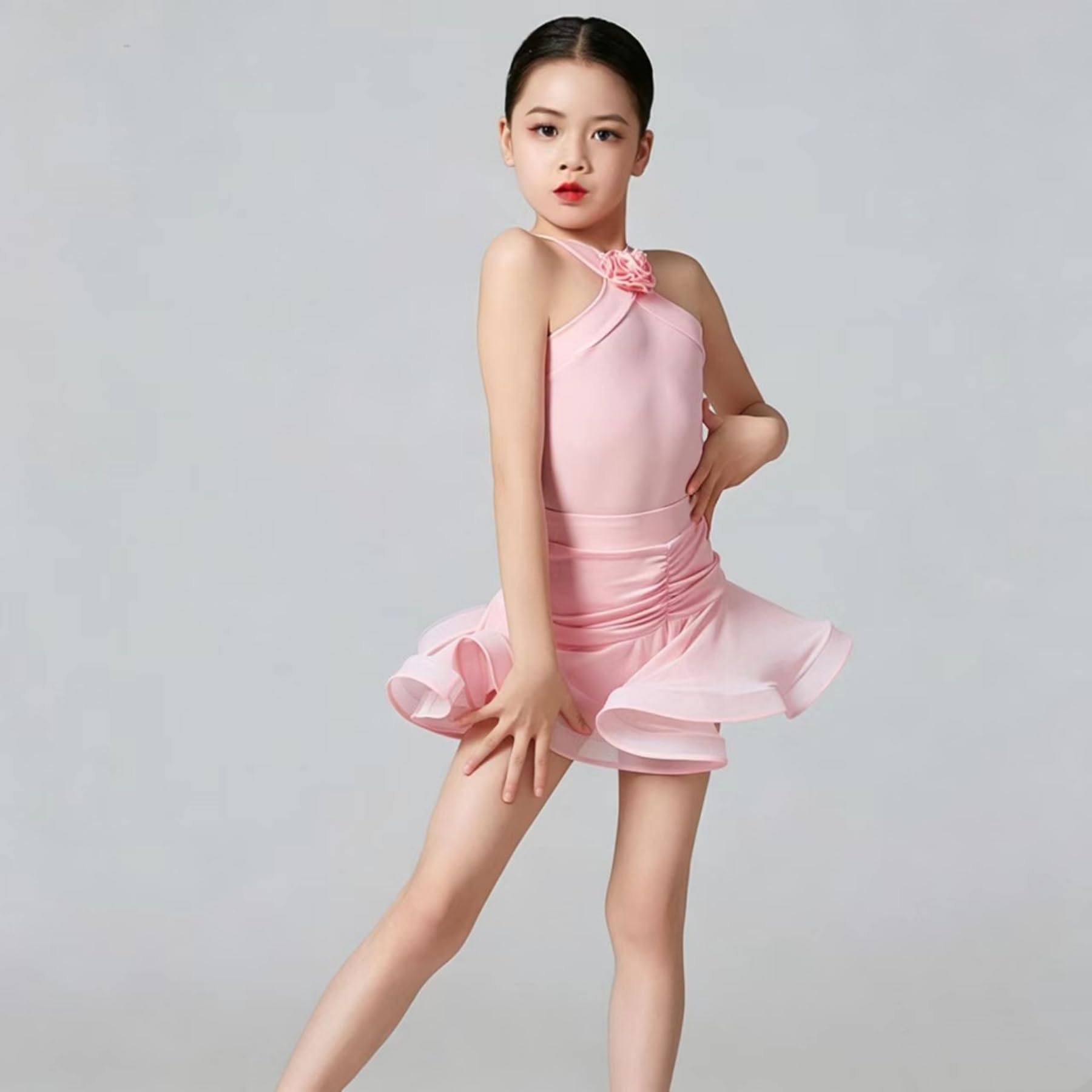 Vestito Ballo Latino Bambina Abbigliamento Pratica Danza Gonna Arricciata per Allenamento E Saggio