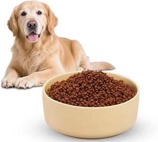 Ceramic Dog Bowl, 8.2 inch Dog Dish for Medium and Large Dogs, 64 Oz Non-Slip Food and Water Bowls for Dogs, Cats, Holds 7 Cups, Dishwasher Safe (Yellow)