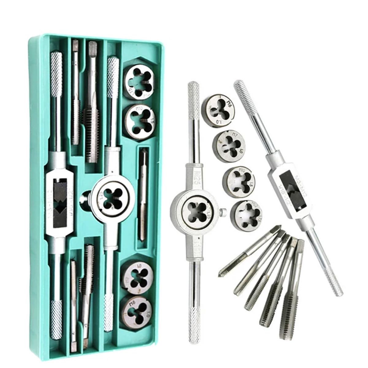 UPTO DATE PRODUCTS 12pcs Threading Tap & Die Set M6-M12,Metric Sizes,Tap & Dies With Tap Wrench & Round Die Handle Complete Set 3