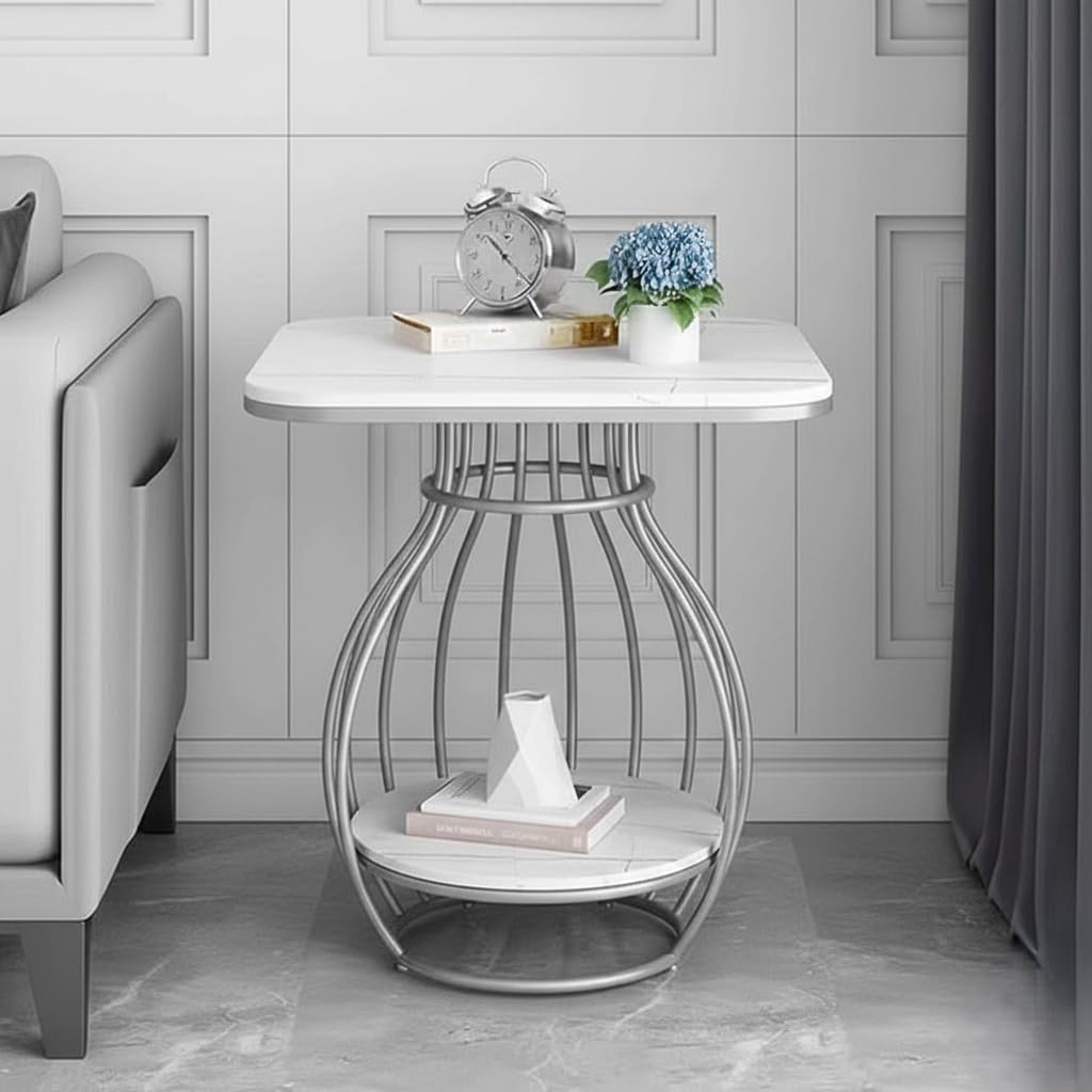 Modern Side Table Corners Living Room Square Table Double Tier Sofa Side Table,Round Base Coffee Table,Portable Bedroom Nightstands Small Space (White Gry