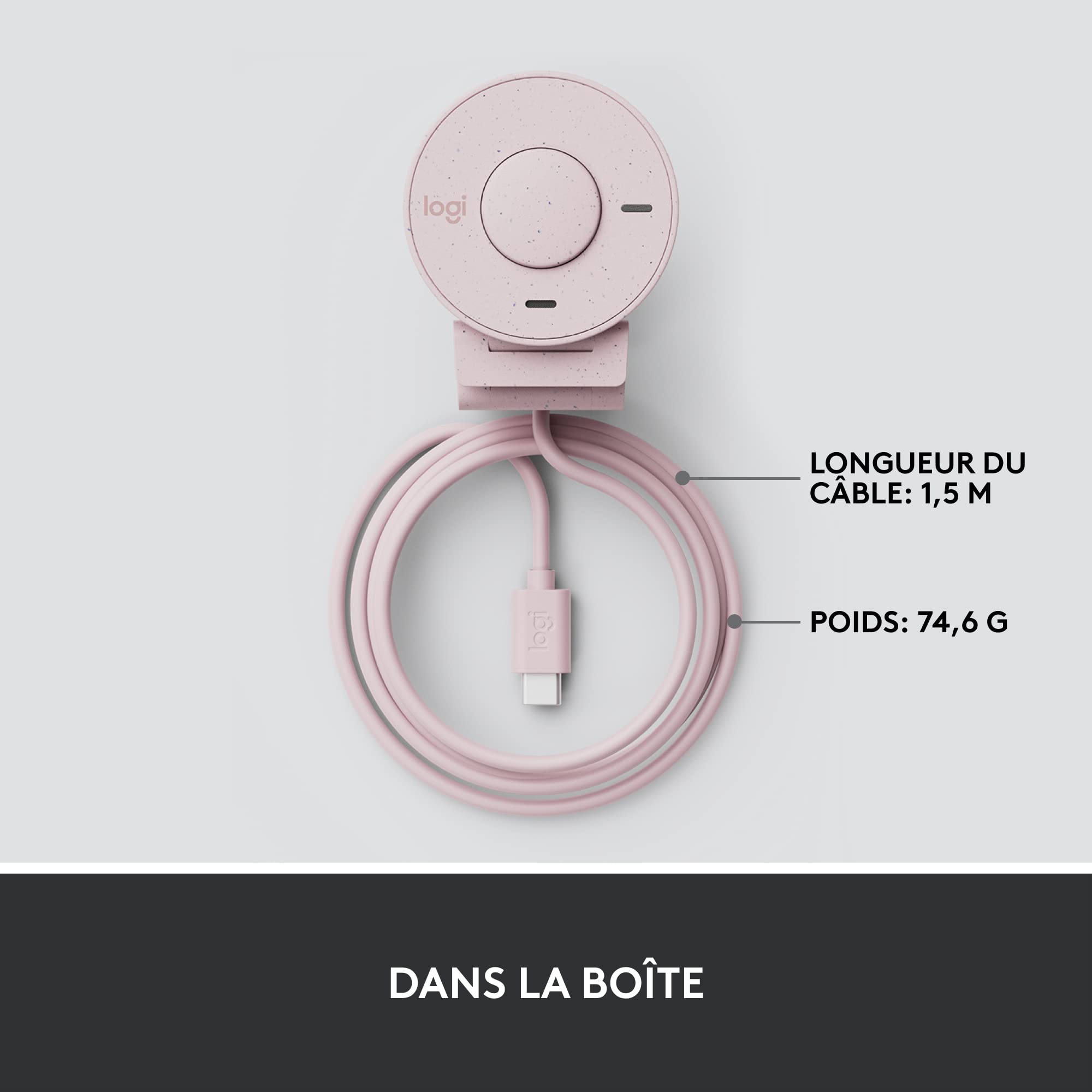 Logitech Brio 300 Webcam Full HD avec confidentialité, micro à réduction de bruit, USB-C, Certifié pour Zoom, Microsoft Teams, Google Meet, Correction automatique de l’éclairage - Rose