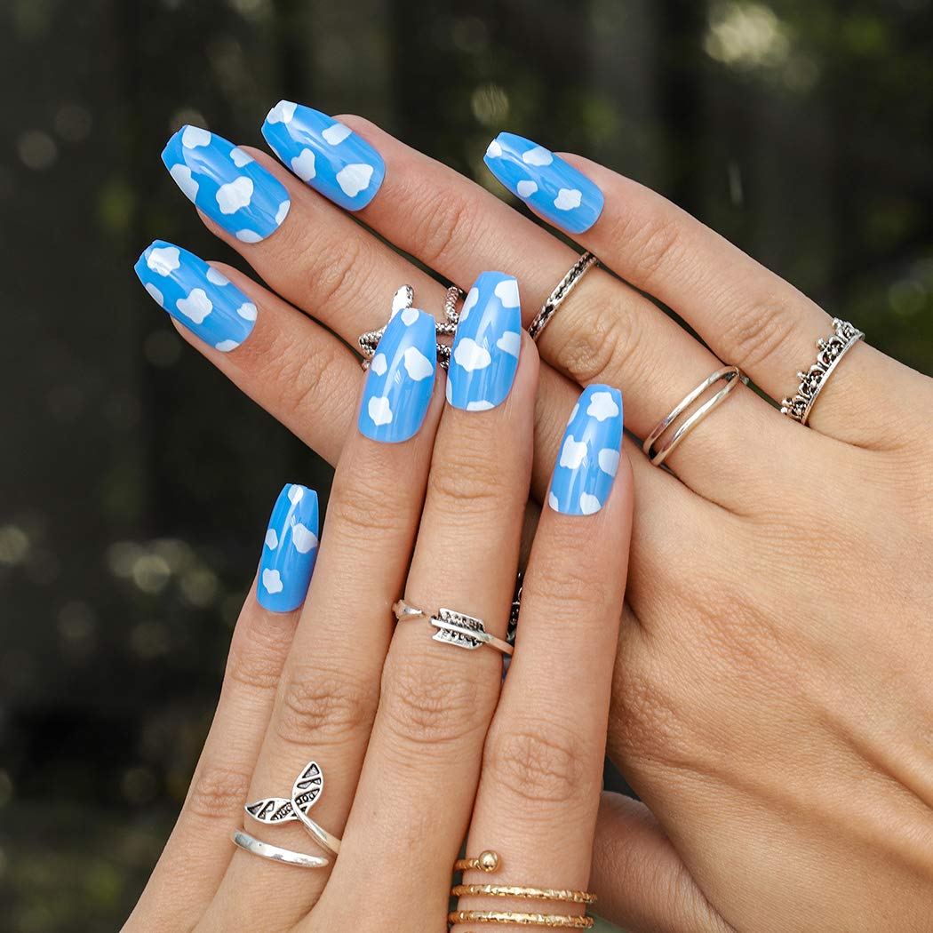 Amazon.com: Fdesigner Cute Blue Clilp on Nails Long Square Fake Nail Tips  Acrylic Clouds False Nail Tips Glossy Full Cover Festival Nail Art  Accessories for Women 24PCS : Beauty & Personal Care