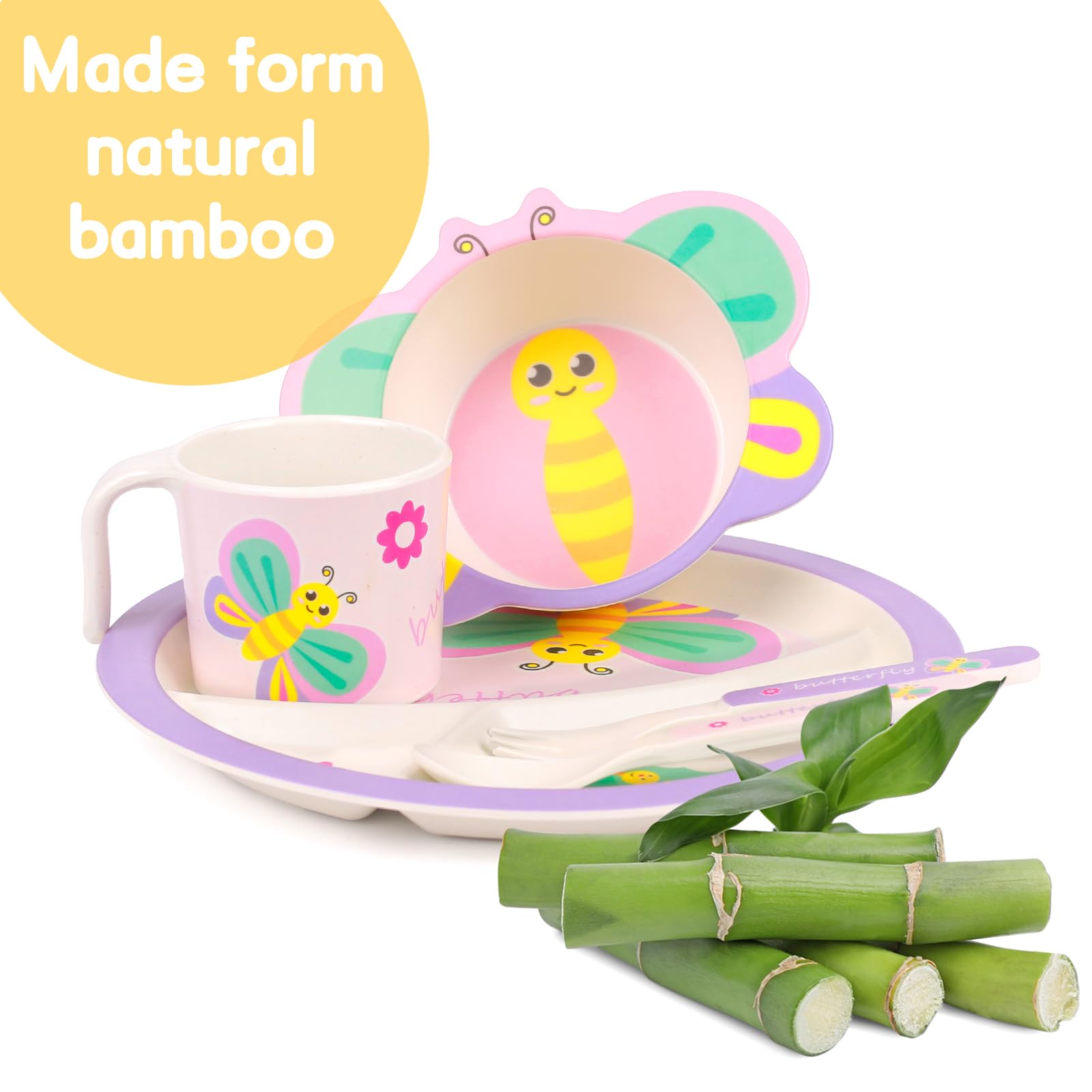 PHEENOWL Kids Dinnerware Set, Includes Toddler Plate Bowl Tumbler and Utensils, BPA Free Bamboo Fiber Material Perfect for Little Girls ()