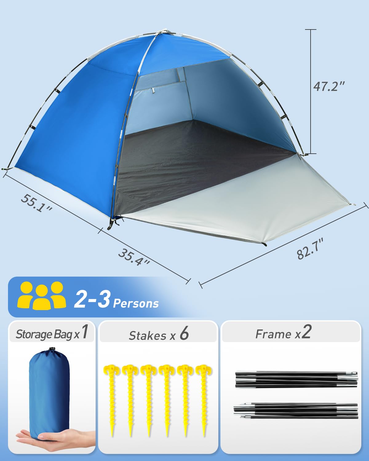 Beach Tent for 2-4 Persons, Beach Tent Sun Shelter UPF50+ UV Protection, Sun Shade Witch Huge Breathable Mesh Window, Easy Set up, for Beach, Camping, Fishing