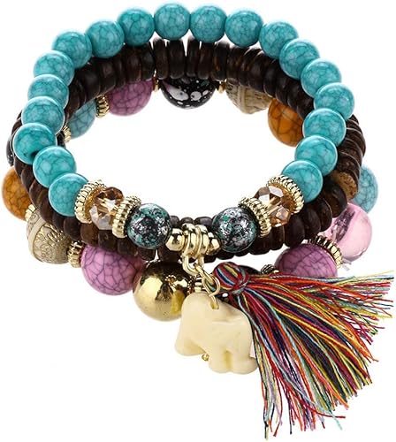 Miniatura 5 de Pulseras y brazaletes de cuentas de madera bohemia para mujer, borla étnica, elefante, pulsera multicapa, dije, pulseiras, bijoux, color caramelo,