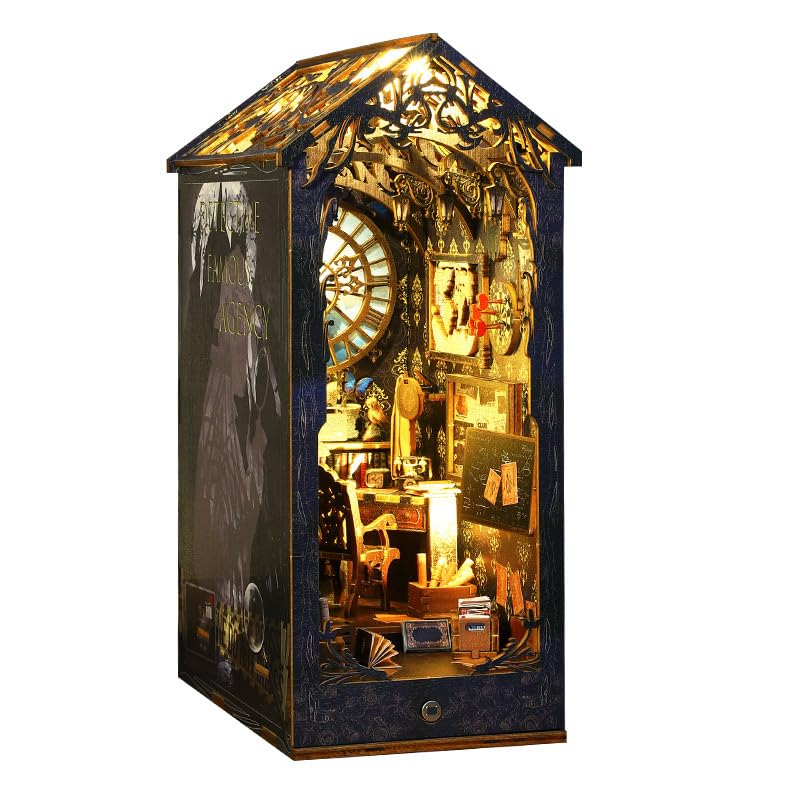 DIY Book Nook Kit, DIY Mini Dollhouse Kit Bookshelf Insert Decor with LED Light Birthday Halloween Christmas Gift Creative Educational Bookshelf Insert Bookend Building Kits(Detective Famous Agency)